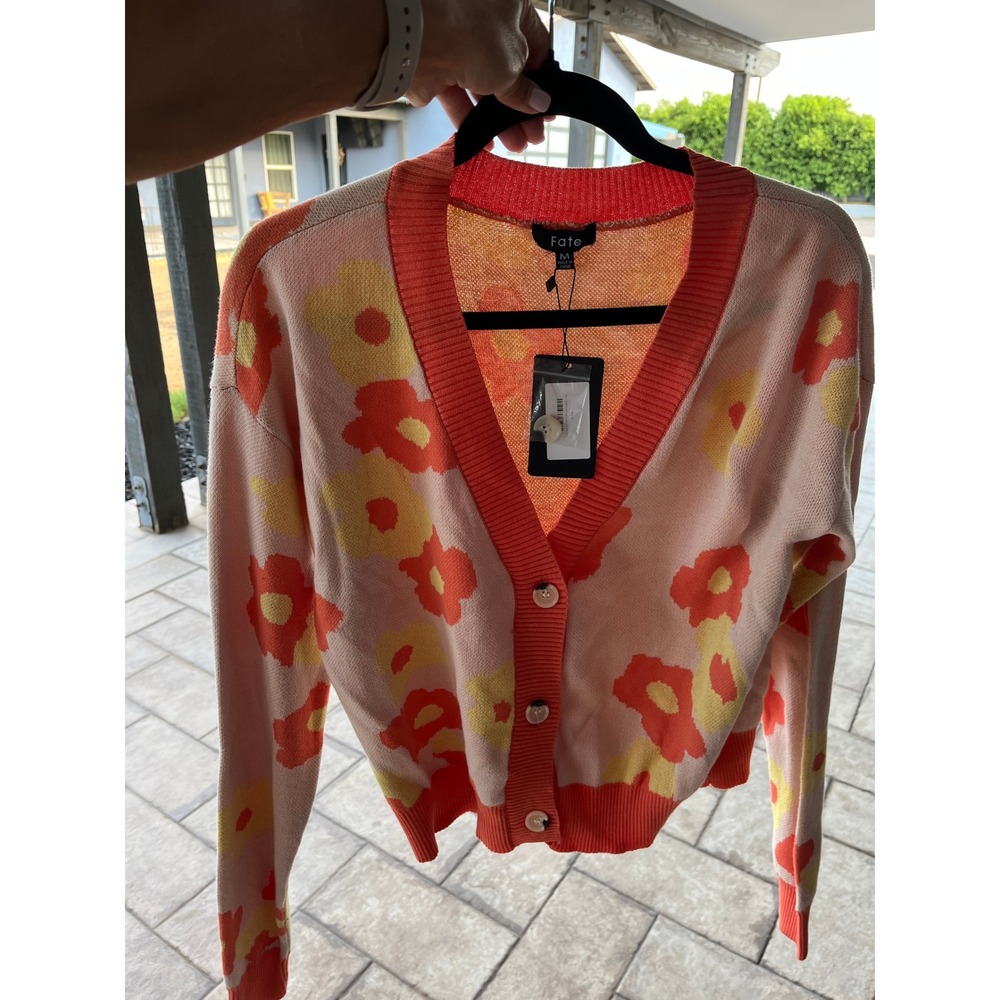 Fate Women Floral Button Front Cardigan Cream Orange Yellow Cotton Sweater M NWT